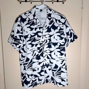 Dark Blue and White Floral Print Button Up